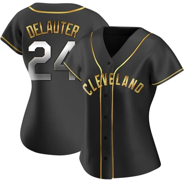 Cleveland Guardians ＃24 Chase DeLauter Women's Gold Replica Black en Alternate Jersey